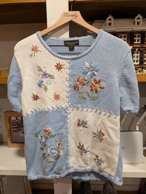 Vintage Salon Studio Floral Tight Knit Short Sleeve Sweater Size Large